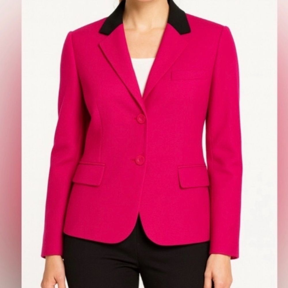 Talbots Fuchsia Pink Wool Blend Blazer with Black Velvet Collar Size 12 Petite